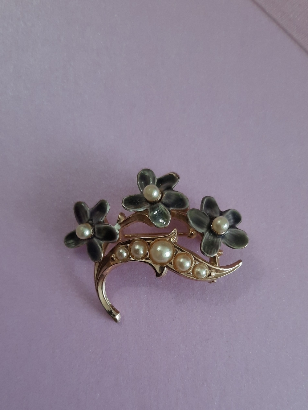Pearl And Blue Floral Gold-Tone Brooch